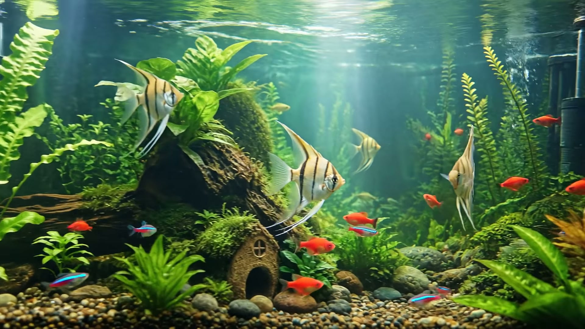 Planted freshwater aquarium with tropical fish